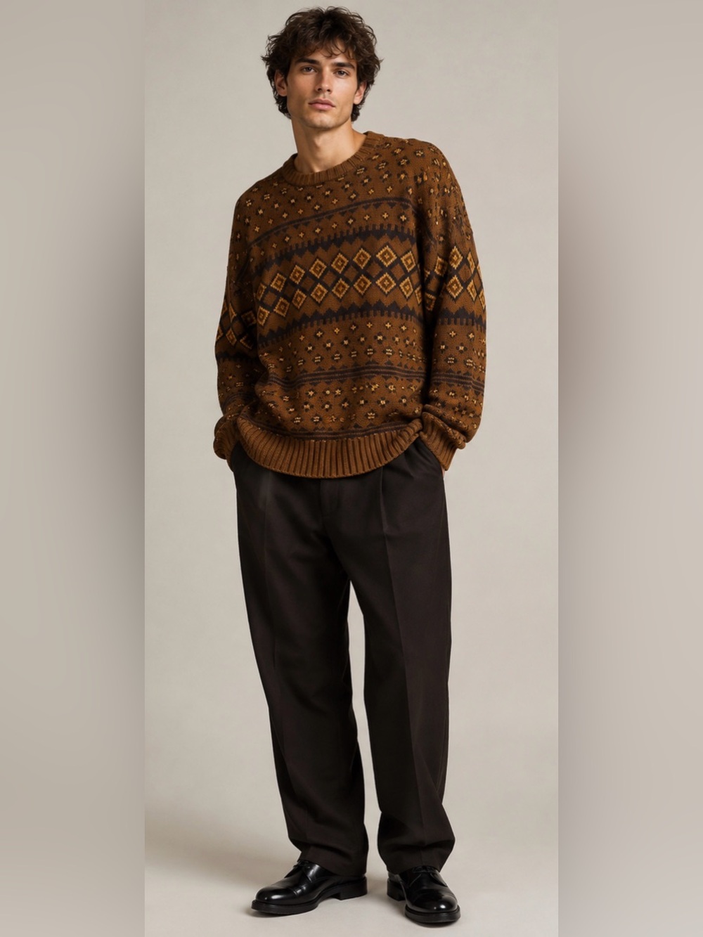 Cotton On Brunswick Men XS Brown Fair Isle Geometric 100% Cotton Knit Sweater